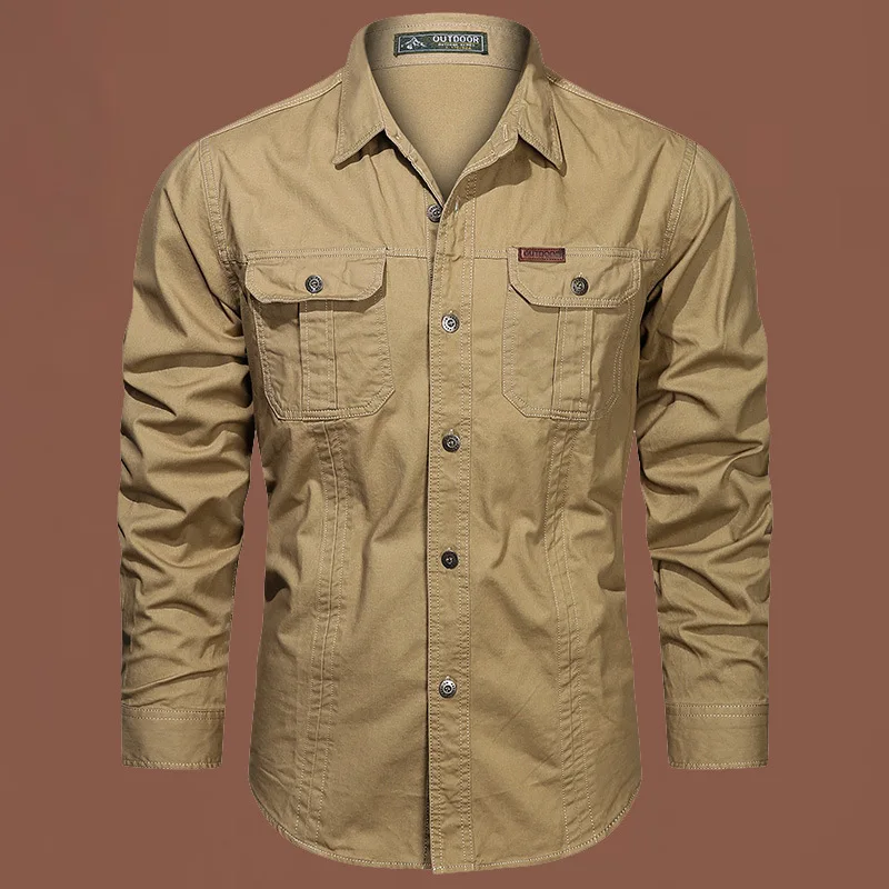 

Spring Men's Work Shirt Plus Size 100% Cotton Long Sleeve Loose Fit Shirts for Men Two Pockets Cargo Shirts traf homme TS-996