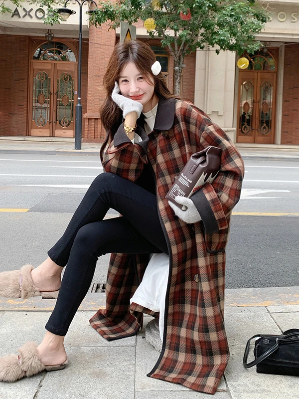 

Ретро-пальто из шерсти в клетку с цветовыми блоками, женское, средней длины, осенне-зимнее, новое, в стиле колледж, омолаживающее, шерстяное пальто