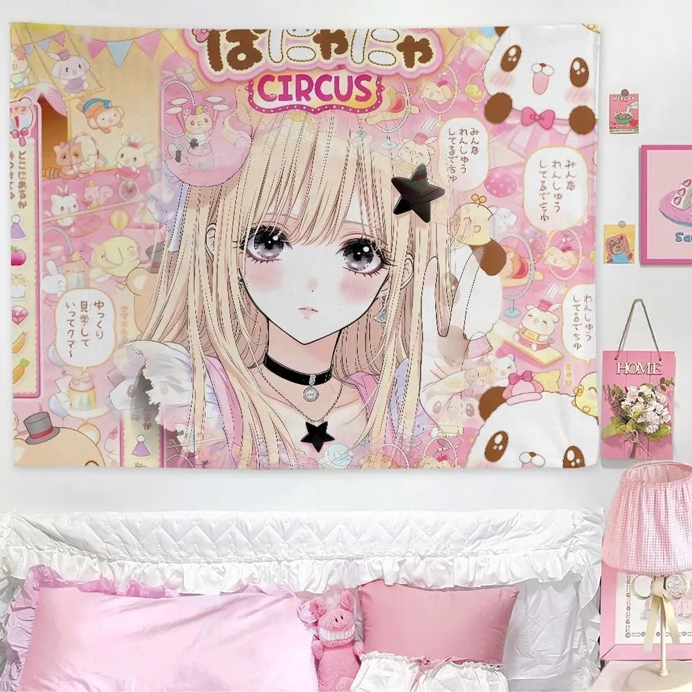 VIKAMA Kawaii Pink Anime Girl Tapestry Blonde Hair with Heart Wall Hanging for Bedroom Y2K Decor
