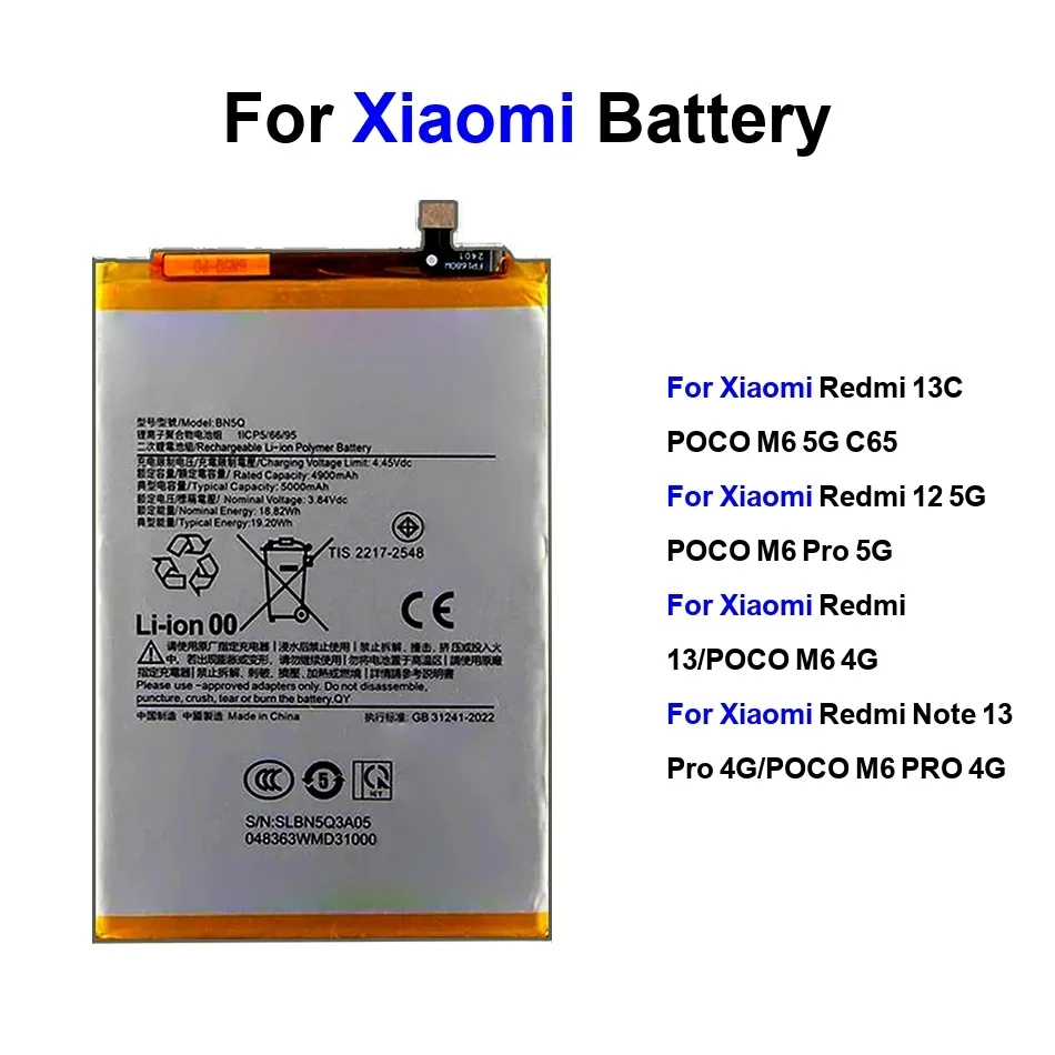 

Высокоэффективный аккумулятор для мобильного телефона BM5R BN5T BN5Q 5000-5030 мАч для Xiaomi Redmi 13C Note 12 13 Poco M6 5G Pro 4G