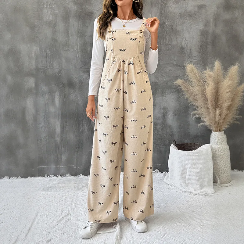 

2025 New European and American Age-reducing Sweet Wind Jumpsuit Sleeveless Bow Warm Corduroy Suspenders Jumpsuits for Women