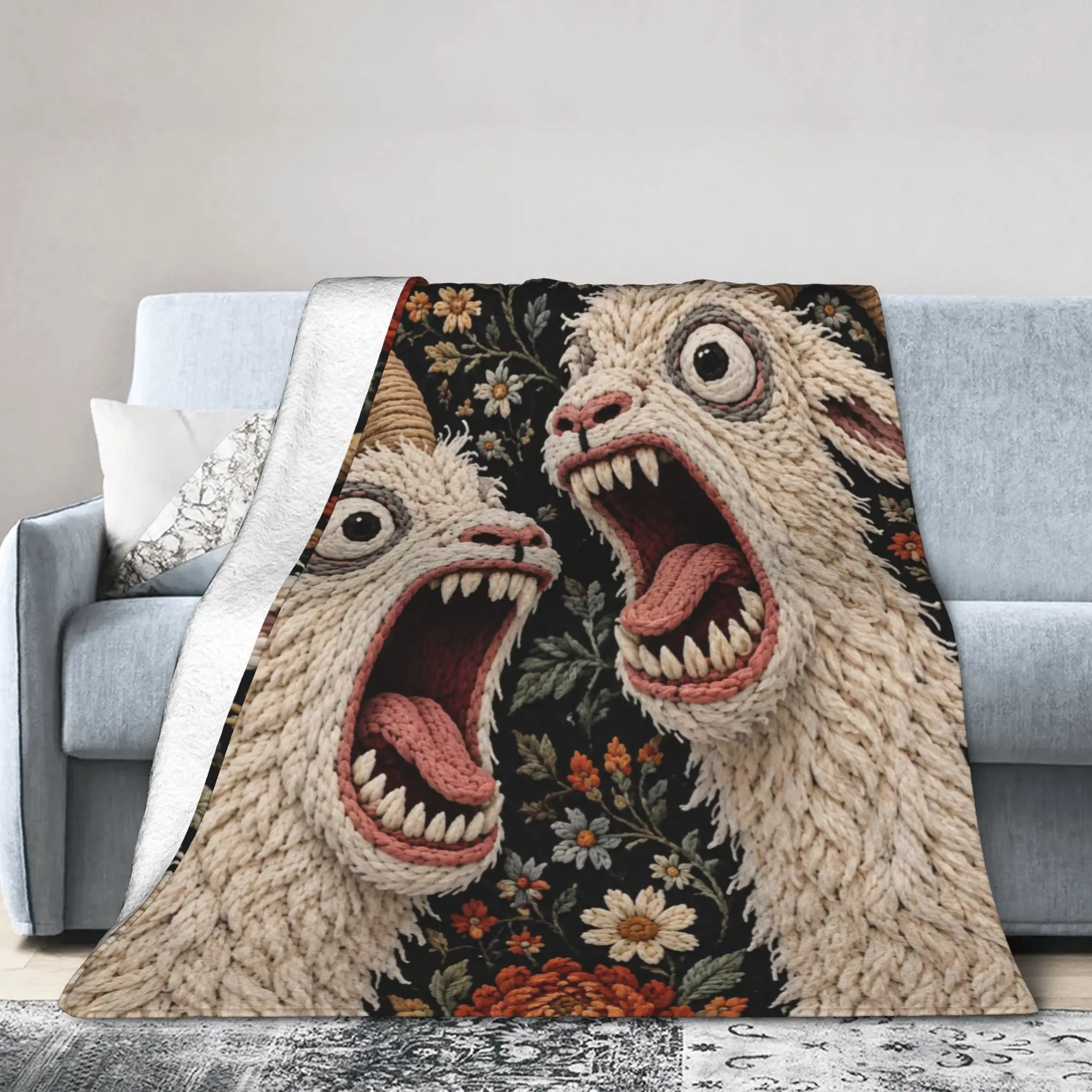 Screaming Goat Horror Gothic Floral Blankets Flannel Spring Autumn Halloween Portable Lightweight Bedding Throw Blankets Couch