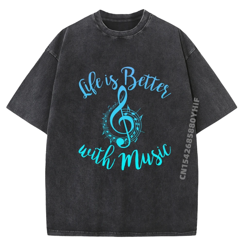 

Luxury Design Printed Tees Life Is Better With Music T-Shirt Autumn Graphic Tees Man Casual Washed Tees Shirt