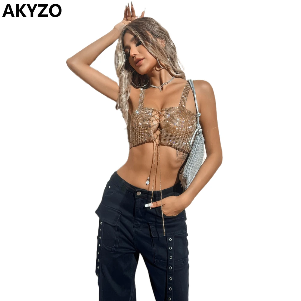 

AKYZO Sequin Strap Top Chain Crop Top Sheer Sequined Spaghetti Strap Top Sexy Sleeveless Cami Top For Summer Women's Clothin