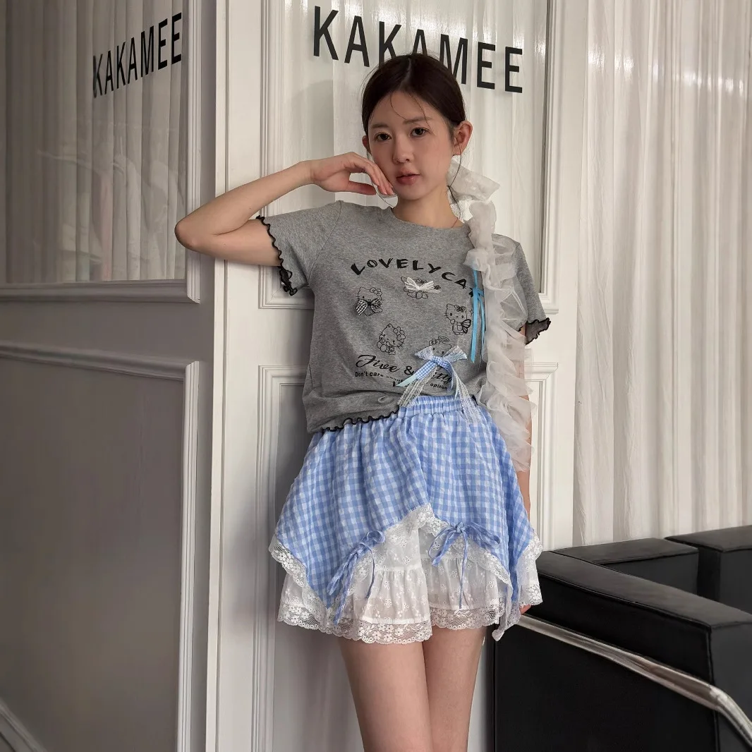 Summer Girl's Design Sense, geruite patchwork kanten onregelmatige rok, korte rok