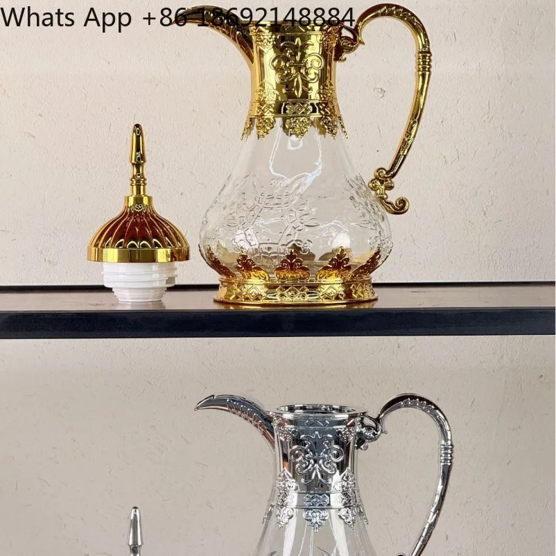Middle East Arabic Style Glass Water Jug, Light Luxury Carved Cold Water Pitcher for Restaurant Coffee Drink