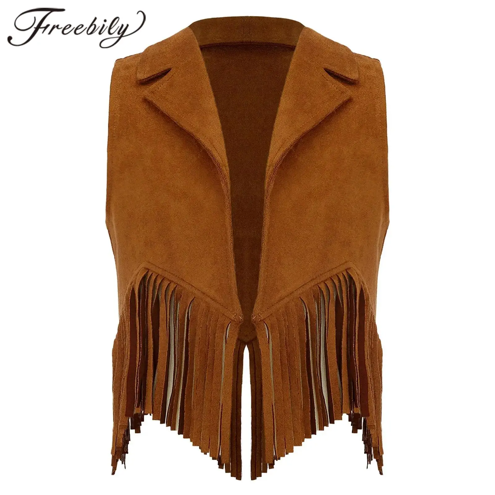 Girls Western Cowgirl Costume Suede Open Front Tassels Fringe Vest Waistcoat Dancewear Children's Party Role Play Cowboy Costume