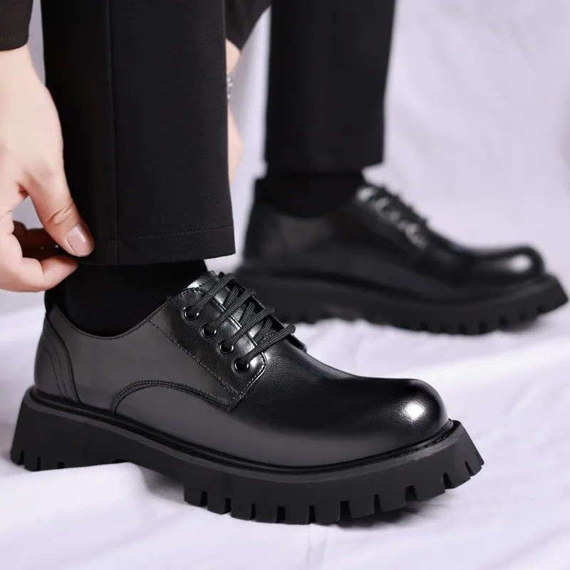 Sapatos de couro coreano dos homens de negócios designer outono inverno preto mocassins moda masculina retro grande cabeça sapatos plataforma homem