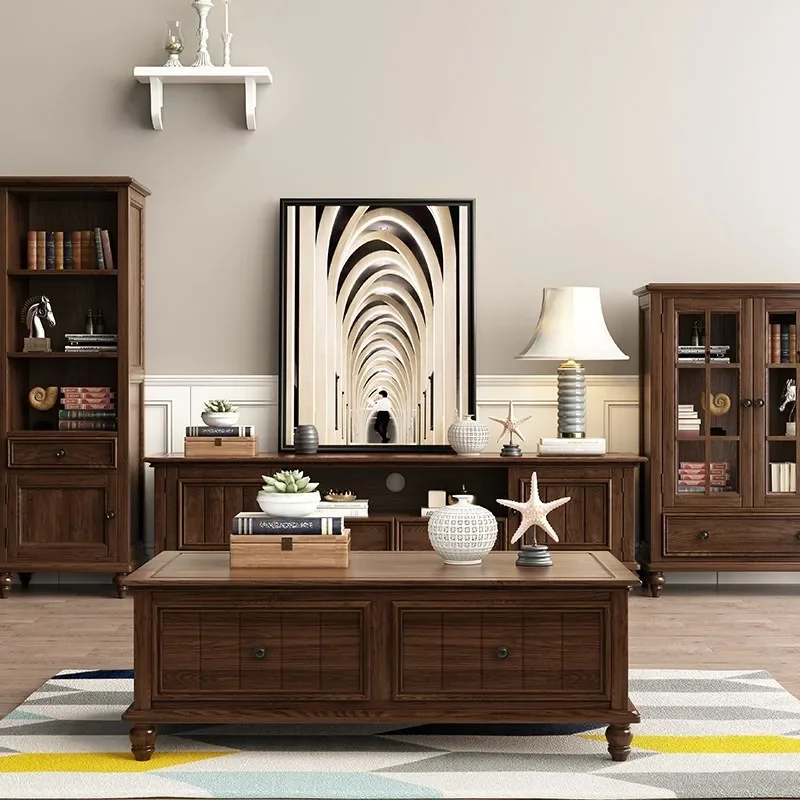 American country all-solid wood coffee table TV combination small apartment antique antique tea table living room ash wood furni