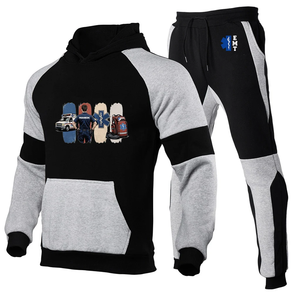 

2026 EMT Emergency Ambulance Print Spring And Autumn Men's New Classics Patchwork Color Hoodies + Long Pants Simplicity Suit