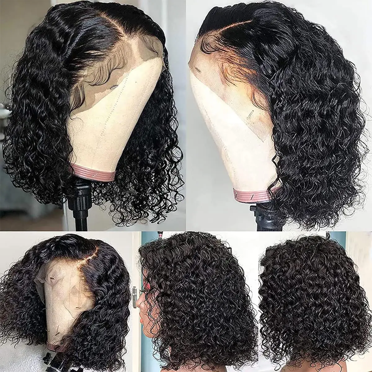 Preto encaracolado bob peruca de cabelo humano onda profunda peruca dianteira do laço peruca de cabelo humano encaracolado bob 13x4 peruca dianteira do laço com cabelo do bebê 180% densidade