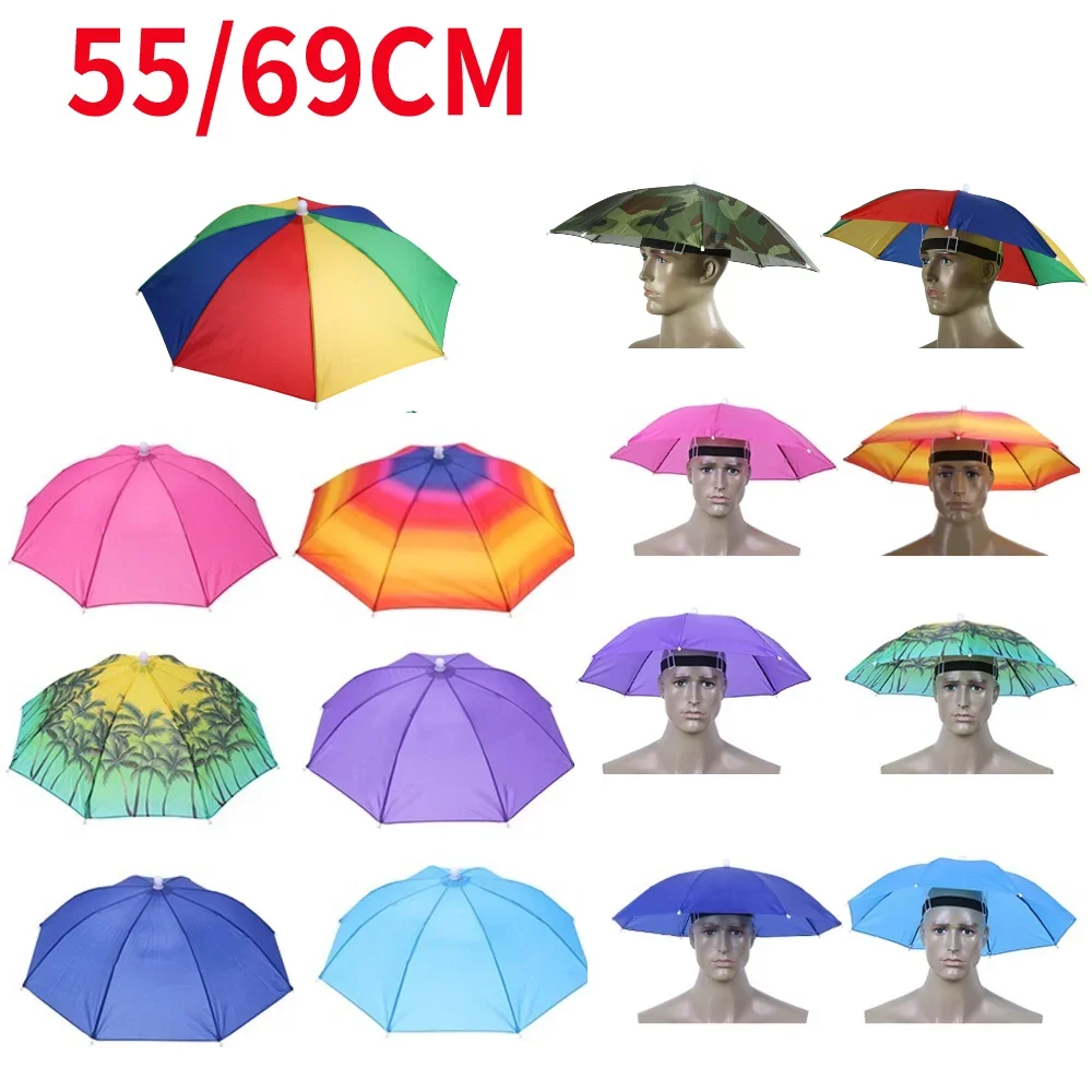 Portable Rain Umbrella Hat Foldable Outdoor Fishing Sunshade Waterproof Camping Headwear Beach Head Hats Fishing Hat 55/69CM