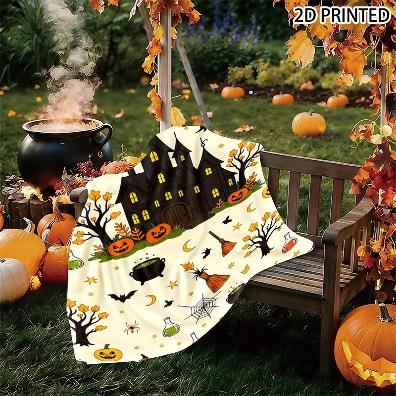 Halloween Spooky Castle And Pumpkin Print Throw Blanket, Festive Whimsical Fall Decor Blanket in Multiple Specifications, Cozy L