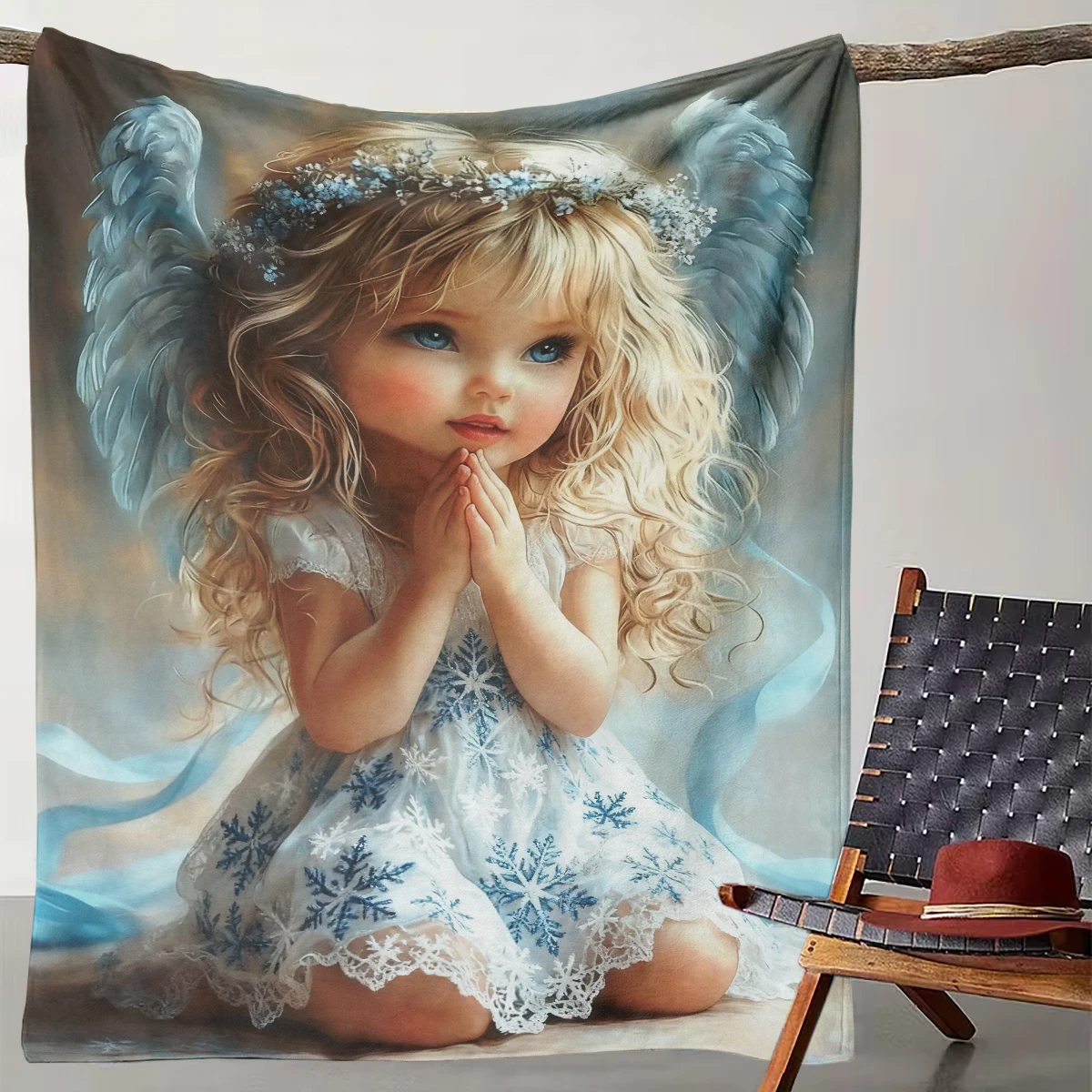 

1 Healing Snowflake Dress Little Angel Blanket Fantasy Blue Wing Girl Flannel Throw Blanket