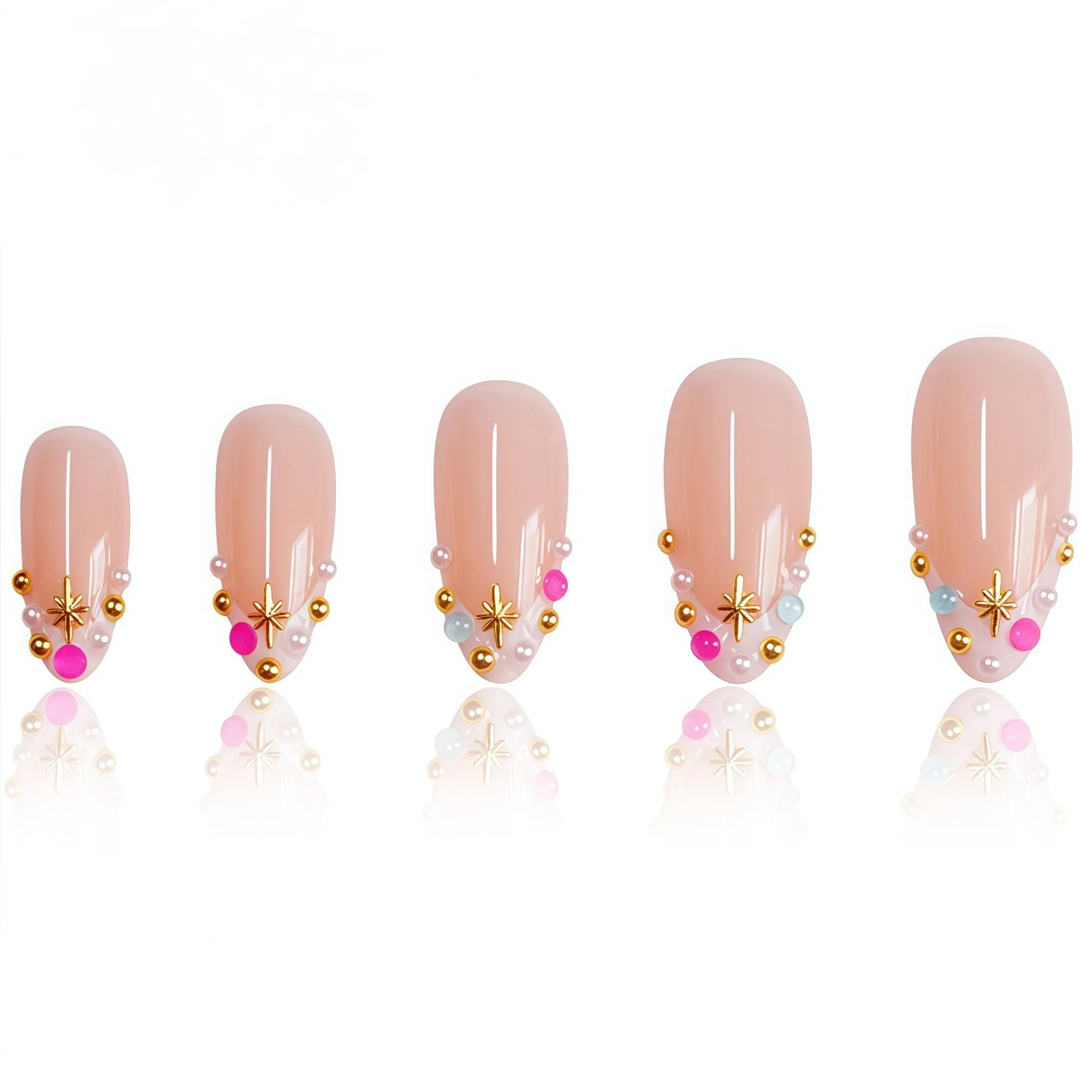 24 Uds. De uñas postizas con perlas de Color caramelo, uñas postizas blancas francesas de almendra media con luz de estrellas, cobertura completa, uñas postizas reutilizables para mujeres