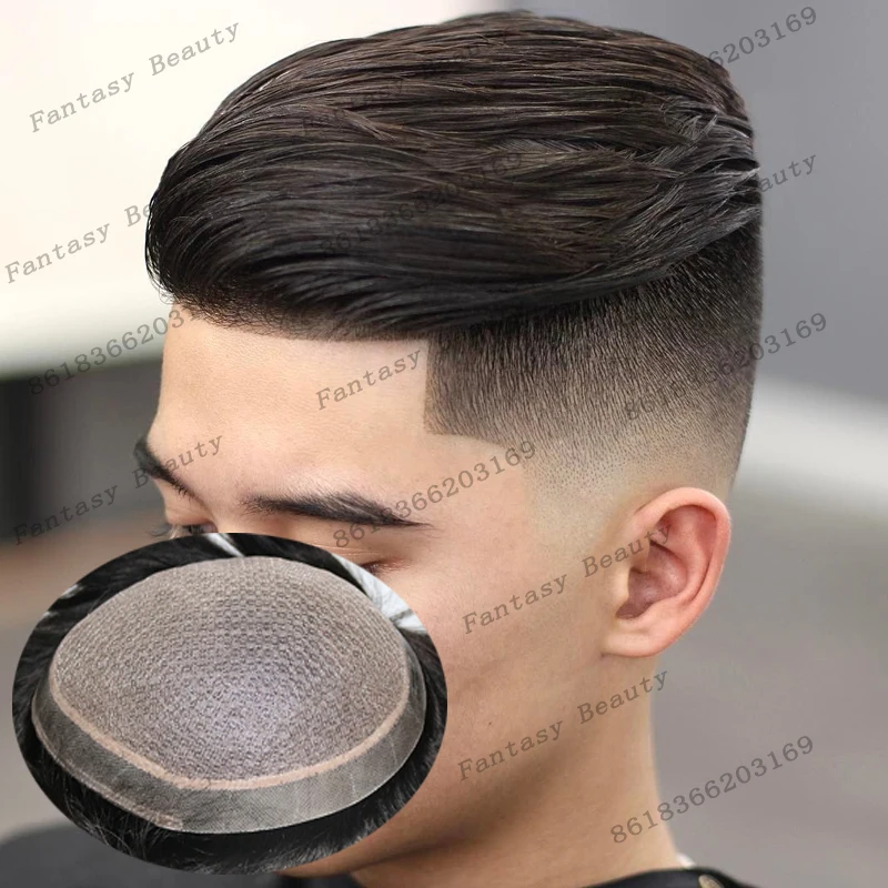 دائم بولي الجلد شعري طبيعي غير قابل للاكتشاف كامل الماس الحرير قاعدة وهمية فروة الرأس الرجال الشعر المستعار 100% نظام الشعر البشري الاصطناعية #1