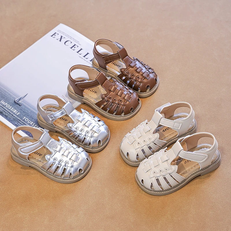 

Kids Roman Sandals PU Leather Woven Hollow Out Hook & Loop Soft Sole Non-slip Toddler Boys Girls Summer Beach Shoes Casual Shoes