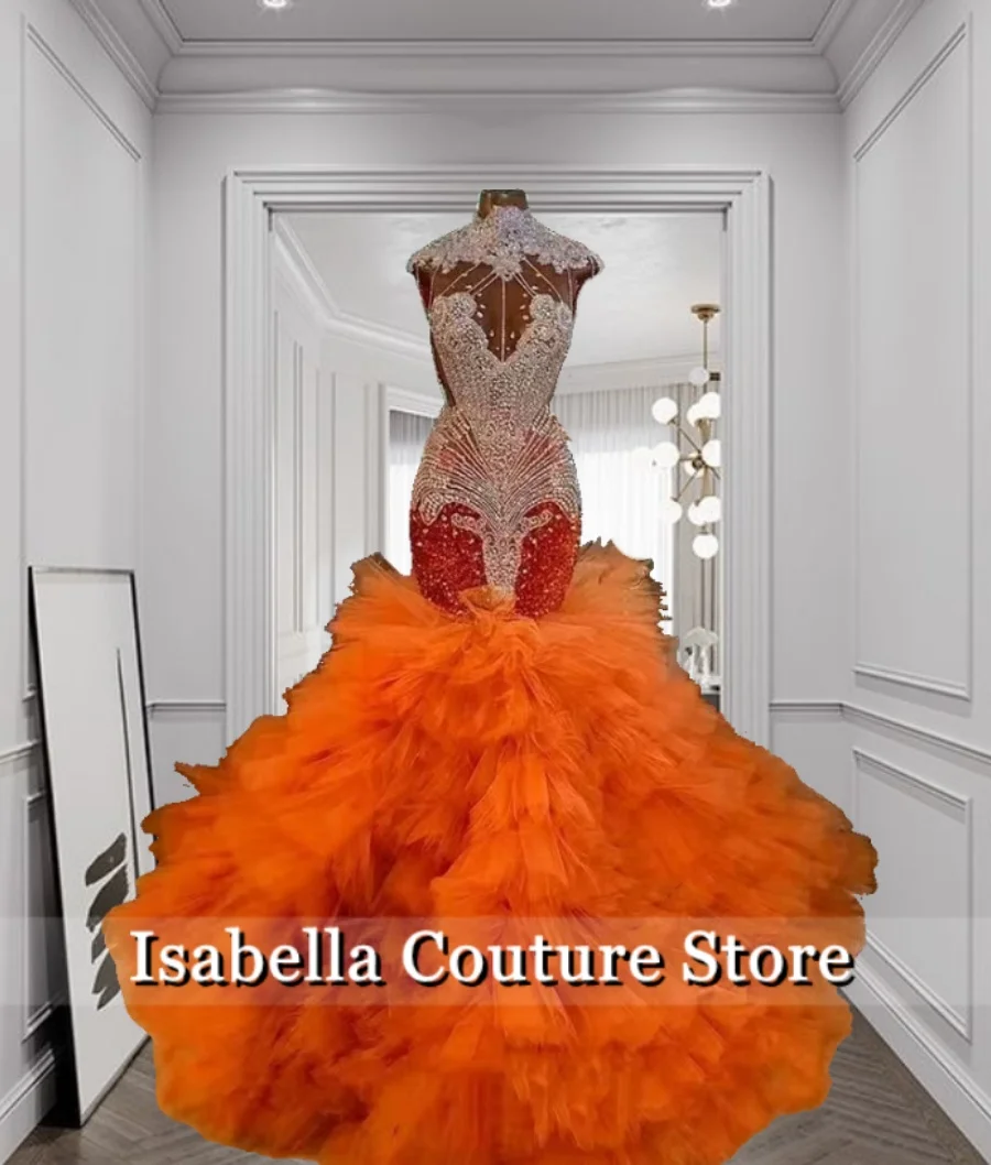 

Exquisite Orange Mermaid Prom Dresses Tiered Ruffle Beading Crystals Diamonds Biethday Party Dress Evening Gown Customized