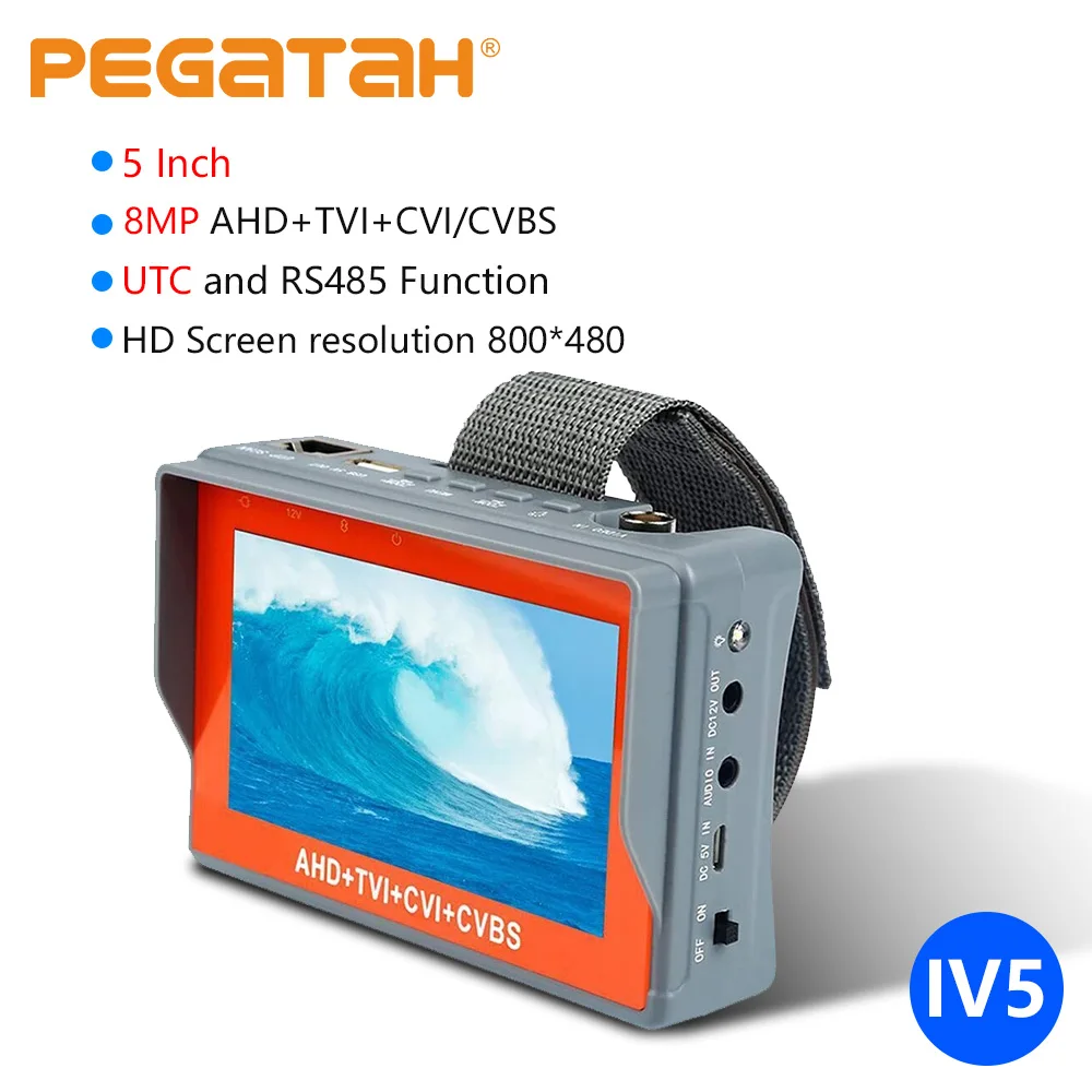 

Тестер видеонаблюдения 8MP 4-в-1 PEGATAH с 5-дюймовым монитором, аналоговый тестер 4K AHD/CVI/TVI CVBS с входами HDMI/VGA и тестированием UTP