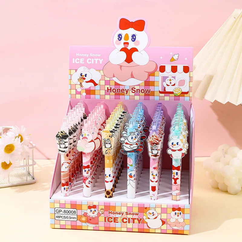 

48 pcs/lot Creative Milk Tea Snowman Press Gel Pen Cute 0.5mm Black Ink Neutral Pens For Writing Office School Supplies