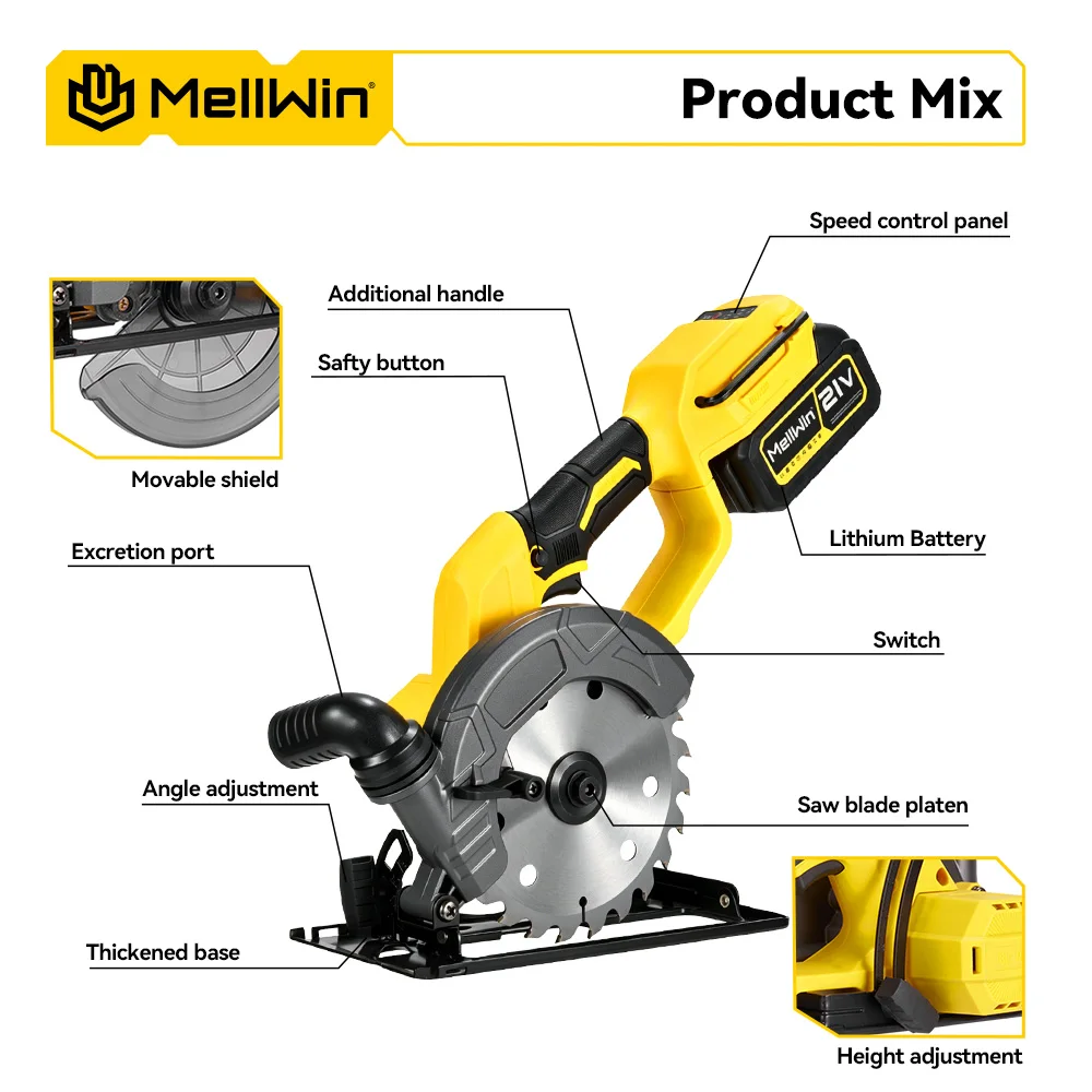 MELLWIN 6 Zoll bürstenlose Kreissäge 7200r Akku-Multifunktions-Elektrosägen Elektrowerkzeug für Makita 18 V Akku-Pin – Detail 4