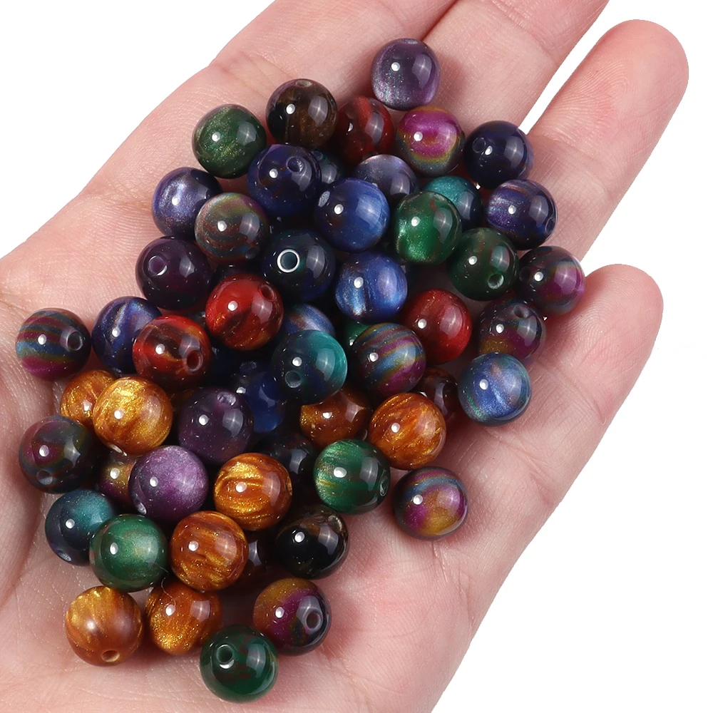 50 Stück 8mm Dunkle Farbe Imitation Katzenauge Harzperlen Glitzer Sternenhimmel Runde Lose Perlen für Schmuckherstellung DIY Armbänder Halskette – Detail 7