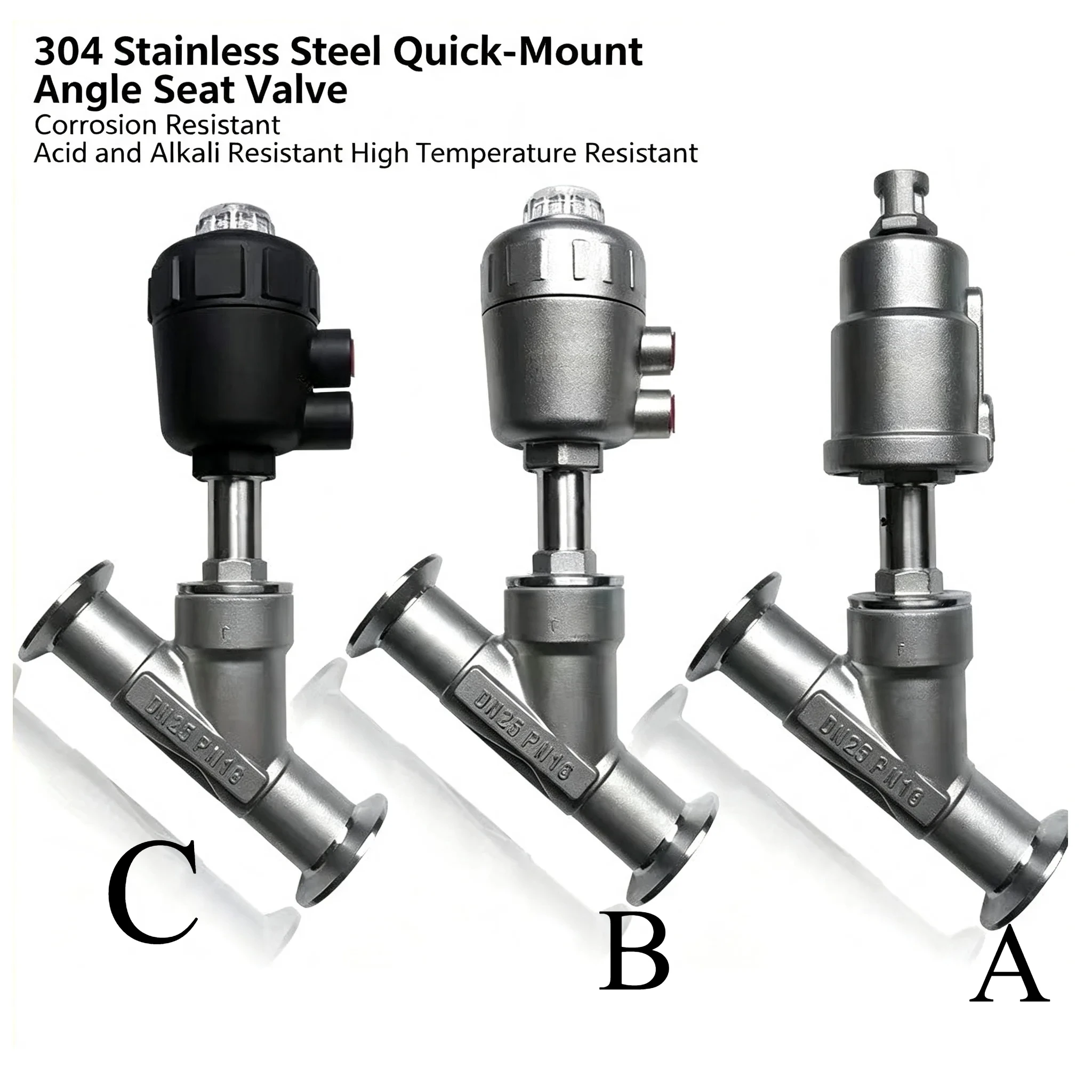 304 Stainless Steel Pneumatic Actuated Angle Seat Valve Steam Gas Oil Water DN15 20 25 32 40 50 Tri Clamp Y Shaped