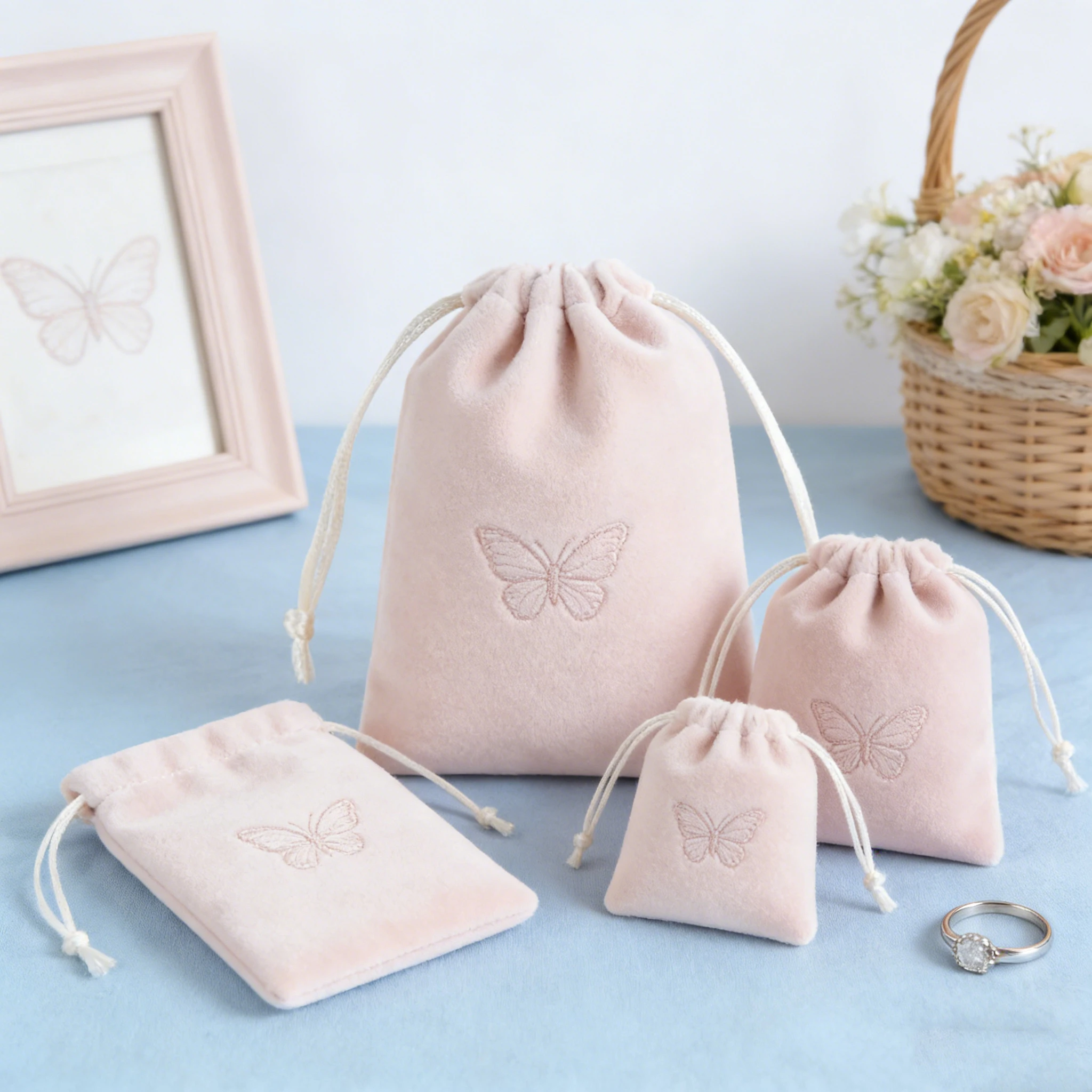 

100Pcs Earrings Cosmetic Bags Custom Logo Embossed Thick Velvet Jewelry Packaging Bag Chic Wedding Favors Gift Pouch Organizer