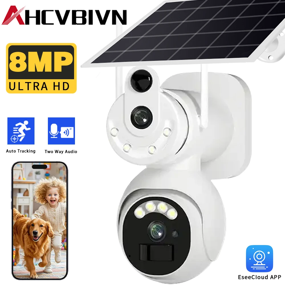 

Dual Lens Dual Screen 8MP Solar Security Camera Outdoor 360° Color Night Vision Ai Automatic Tracking Video Surveillance Camera