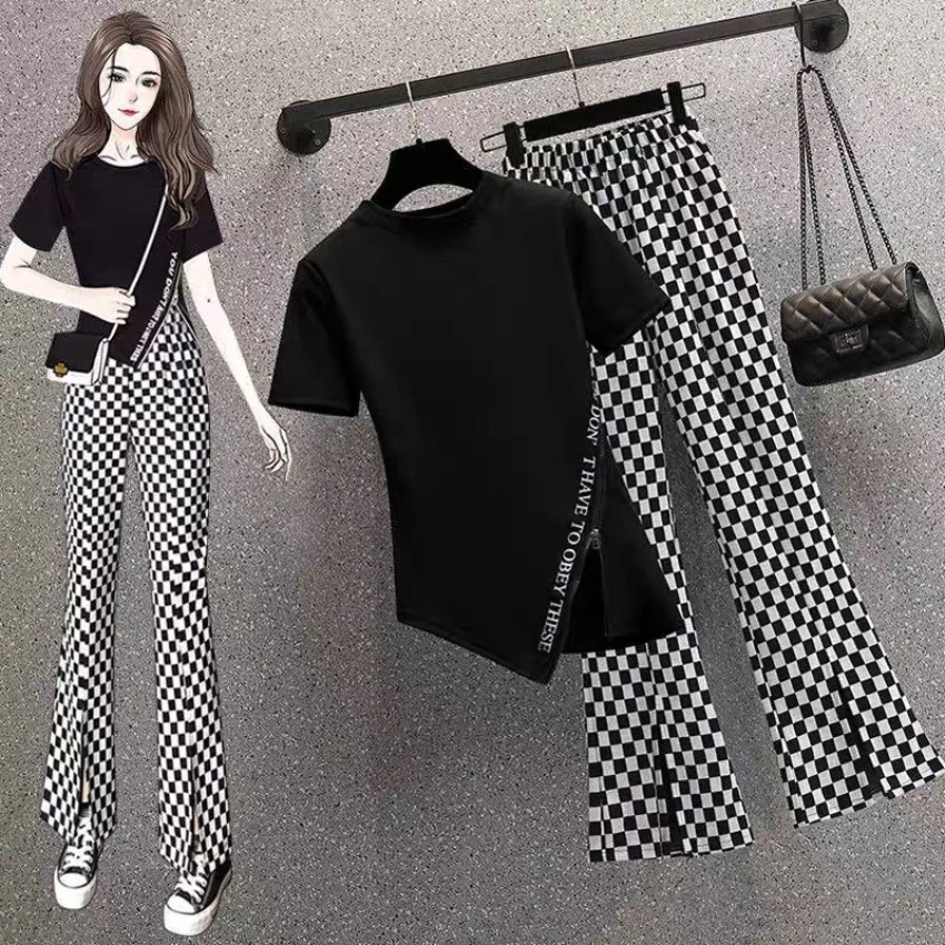 Women\'s Suit Spring and Summer 2023 New Age Reducing and Thin Irregular Split Short Sleeve T-shirt Wide Leg Pants Two-piece Set