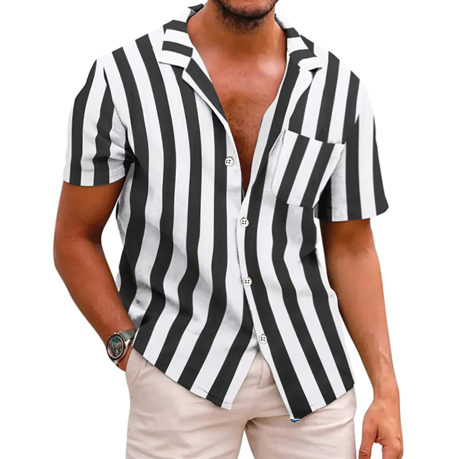 

Модные мужские рубашки в черно-белую полоску, летняя одежда, рубашка большого размера с коротким рукавом, мужской кардиган, гавайская рубашка Camisa Masculina