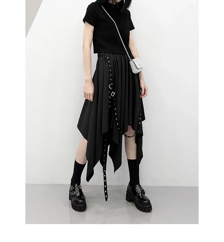 Frauen Unregelmäßige Röcke Gothic Punk Fracht Streetwear Lose Midi Rock Y2K Sommer Mode Weibliche Schwarz Falten Röcke