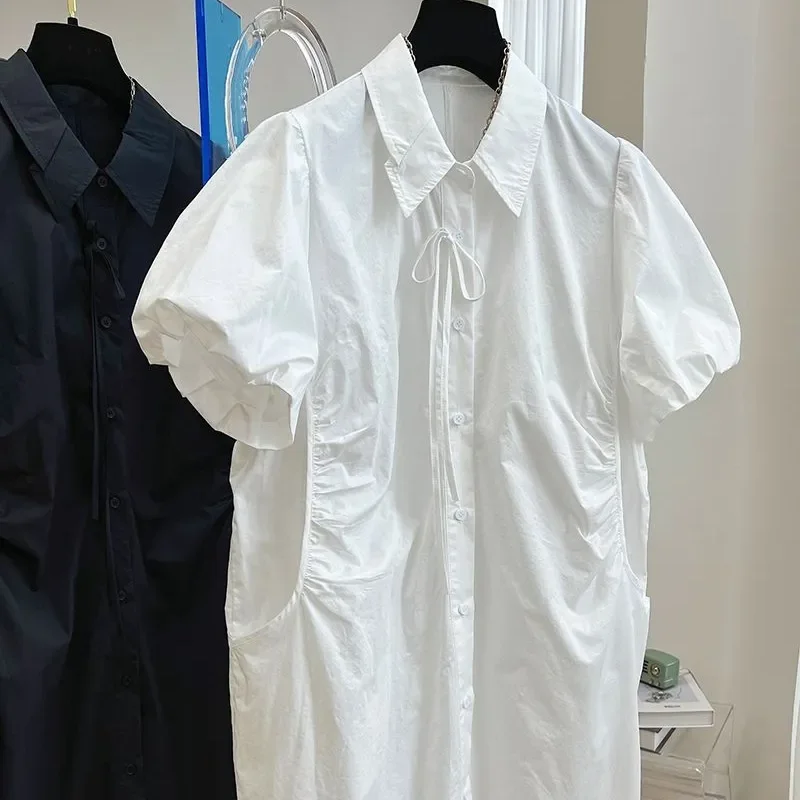 女性 2026 夏シャツドレスファッションルーズカジュアルバブルスリーブ白ダークブルー半袖スカートドレス女性