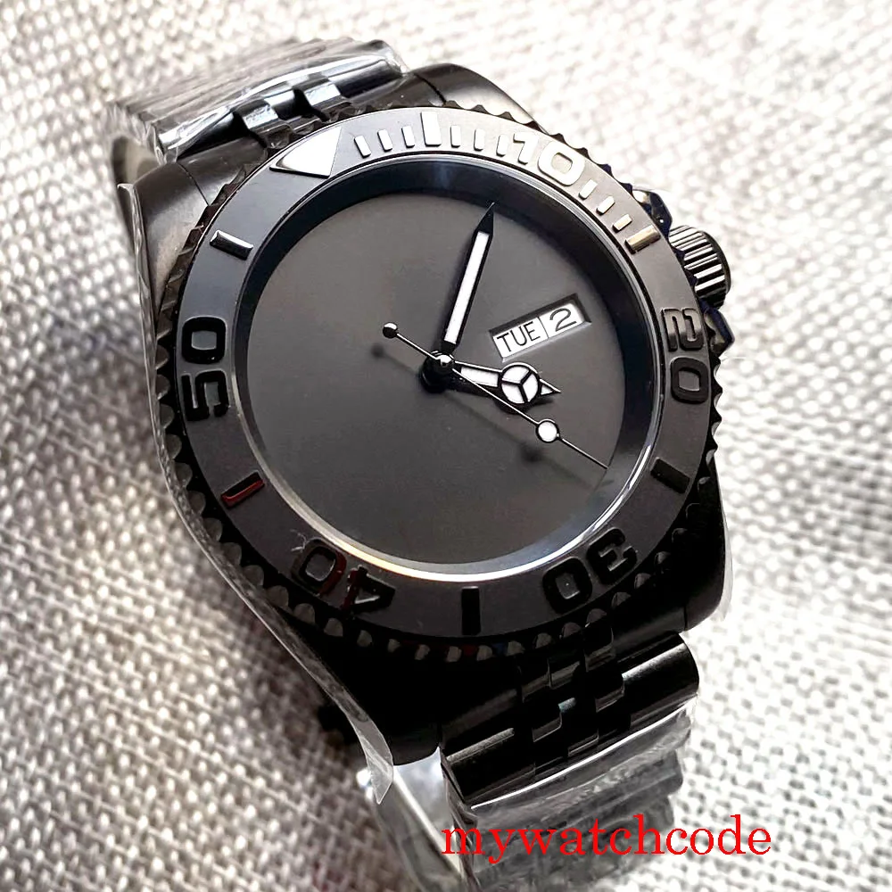 20atm Tandorio NH36A Movt Black Mechanical Men Watch Dial Black PVD Case Weekday Date Stainless Steel Jubilee Bracelet 40mm