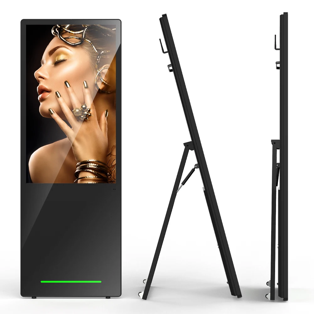مشغل إعلانات داخلي لافتات رقمية محمولة مقاس 43 بوصة، ملصق رقمي LCD يعمل باللمس الذكي وبطارية أندرويد