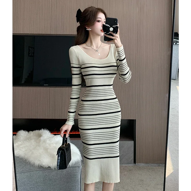 Women Knitting Dress Ladies Casual O-neck Stripes Slim Ift Thin Long Sleeves Over Hip Knee-length Office Pencil Dress