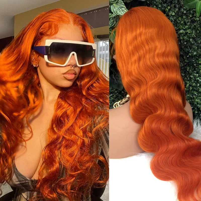 Perruque Lace Front Wig Body Wave 100% naturelle, cheveux humains, orange, 13x6, sans colle, pre-plucked, pour femmes