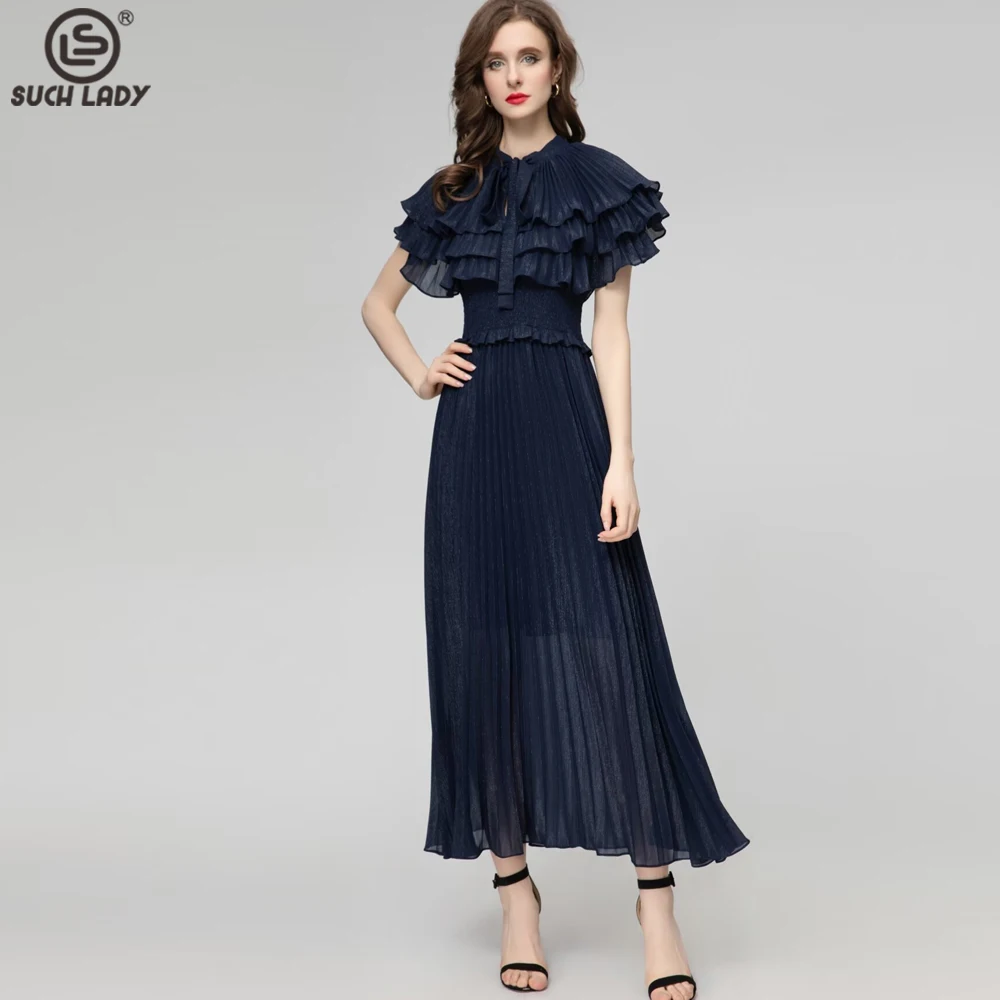 Women's Runway Dresses O Neck Layered Ruffles Pleated Elastic Waist Fashion Designer Party Prom Vestidos Gown