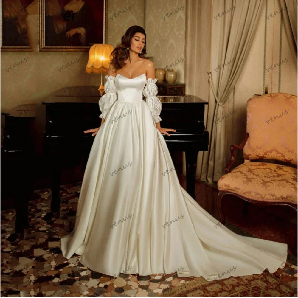 Graceful Wedding Dresses Simple Satin Robes Off The Shoulder Bridal Gowns A-Line Boat Neck Floor Length Dress Vestidos De Novia