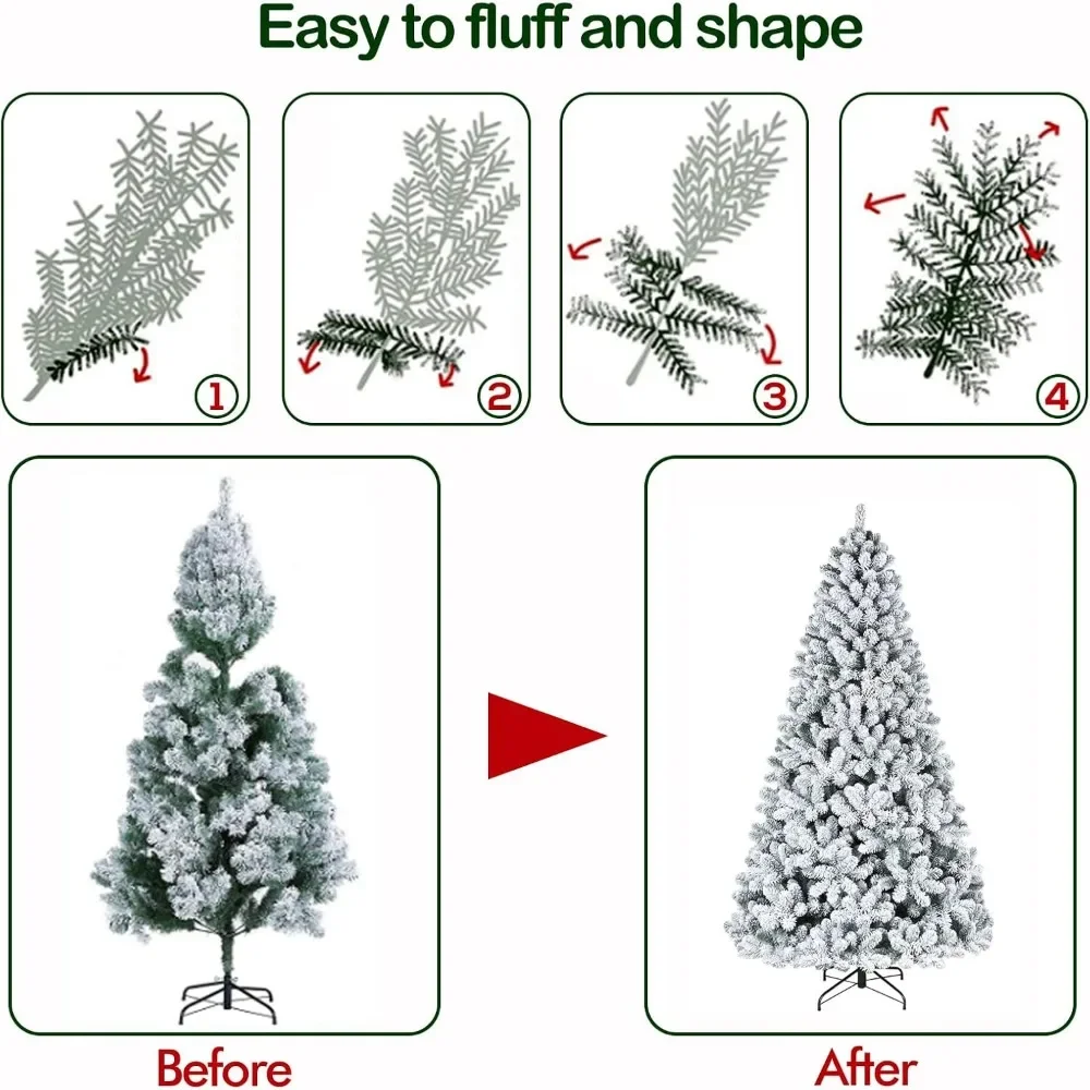 7.5 ft Snow Flocked Christmas Tree, Artificial Christmas Tree with Pine Cones, 500 Warm White Lights, 1446 Tips, Metal Stand