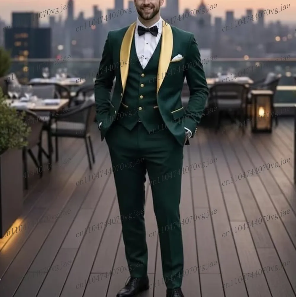 

Gold Collar Dark Green Men Suit Formal Wedding Party Groom Groomsman Male Tuxedos Customize 3 Piece Set Jacket Vest Pants