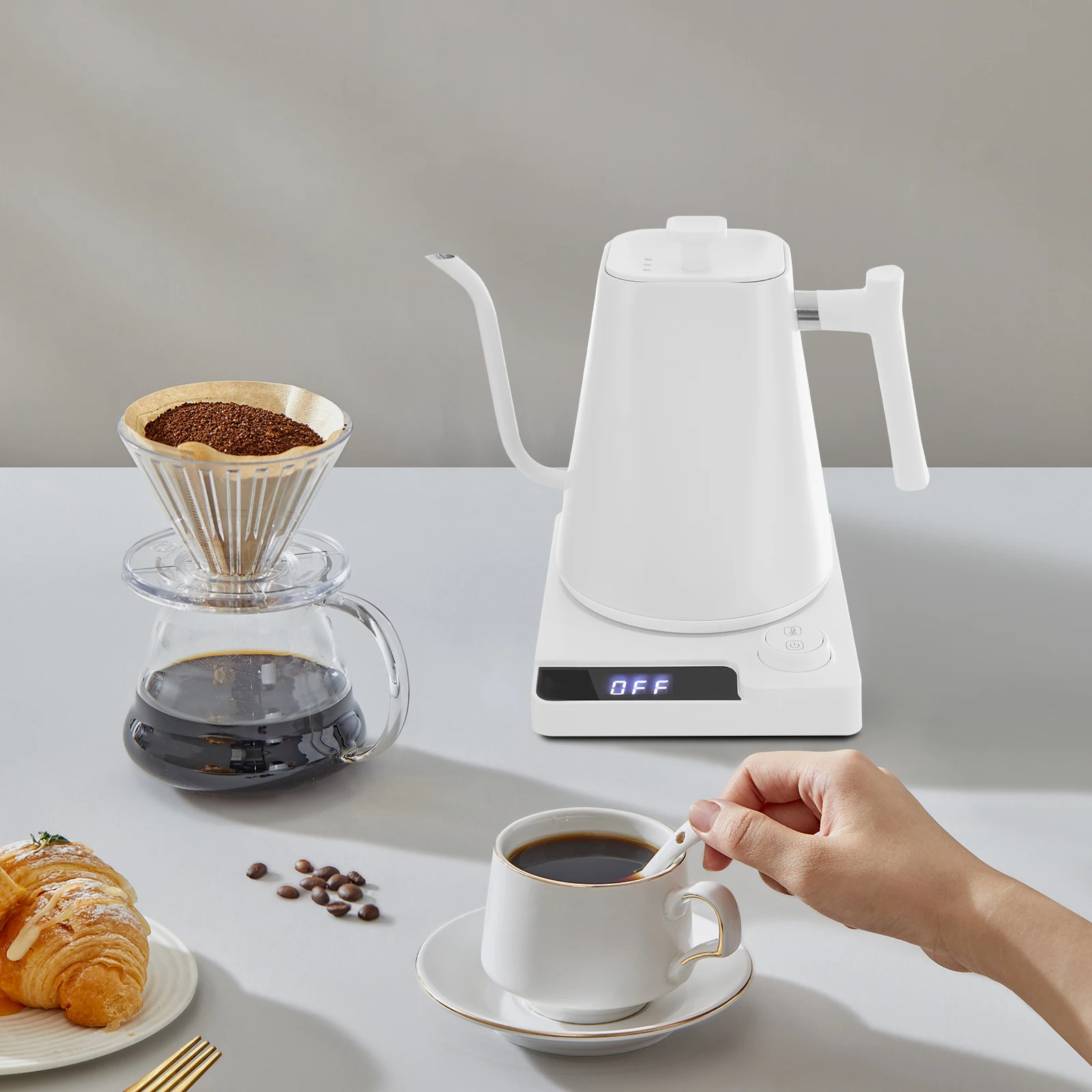 Elektrischer Schwanenhals-Wasserkocher für Pour-Over-Kaffee 1200W 1L mit LED-Bildschirm Temperatur Einstellbar 40-100°C ° C 24-Stunden-Wärmehaltfunktion, Trockenbrennschutz, 304 Edelstahl, weiß,