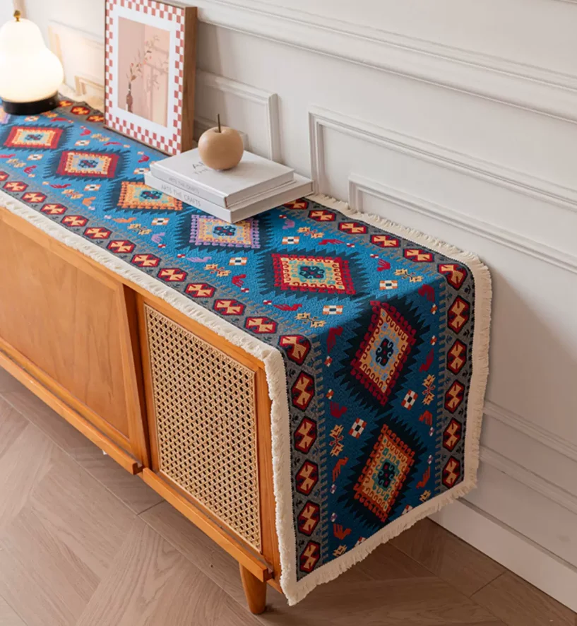 New Chinese Ethnic‑Style TV Cabinet Cover, Retro Vintage Table Runner for Tea Table & Nightstand, Antique Dust‑Proof Table Cloth