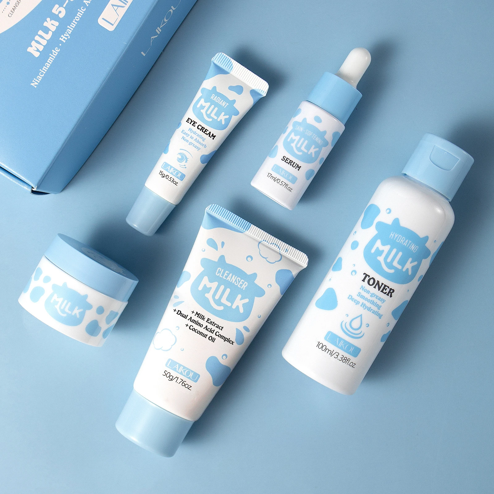 LAIKOU Milk 5Pcs Skincare Set, Moisturizing Hydrating Face Care Kit, Cleanser Toner Essence Eye Cream Cream for Women