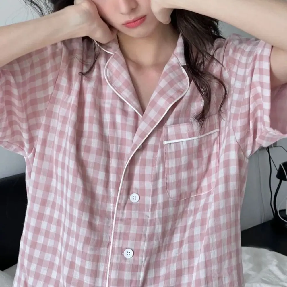 INS Trend Plaid Pajama Suit Button Loose Home Wear Set Lapel Comfortable Pajama with Breast Pad For Women Girl