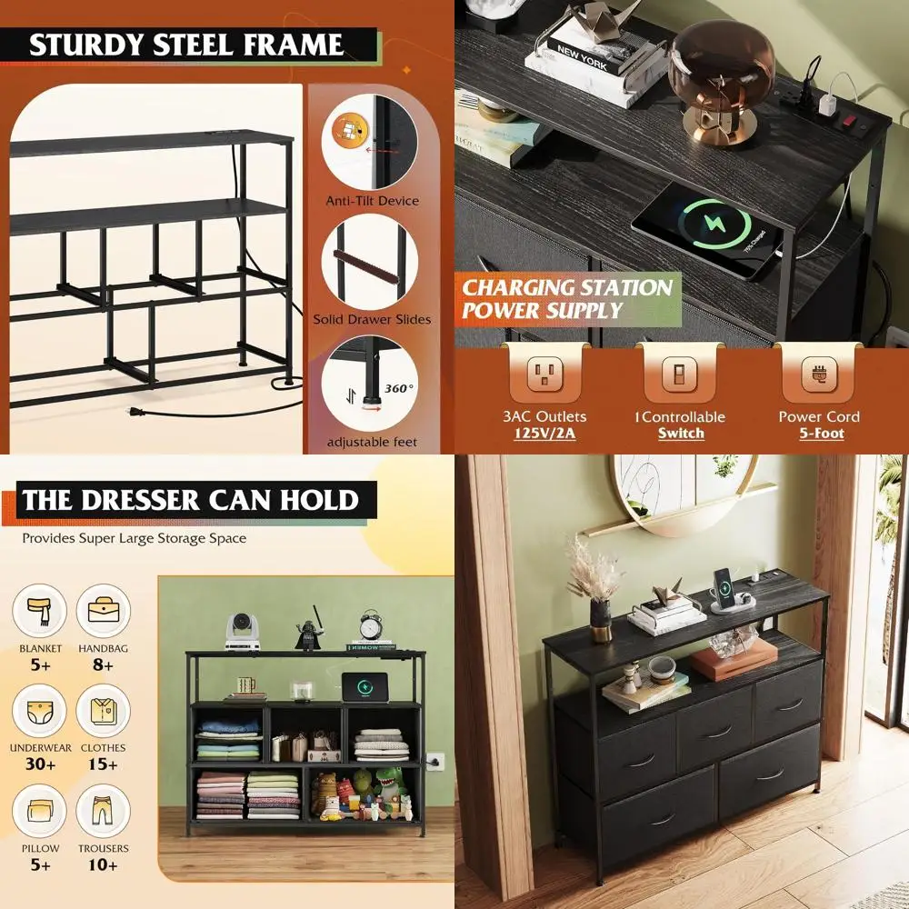 

Тумба для спальни с 5 ящиками, подставкой для ТВ и зарядной станцией, открытые полки для телевизора до 45 дюймов, для гостиной, гардеробной, прихожей