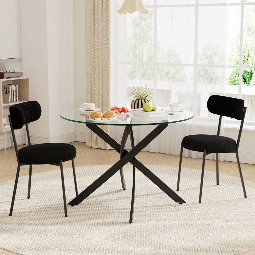 

36 Round Dining Table Set or Two Small Round Kitchen Tables with 2 Boucle Chairs, Elegant Circular Glass Dining Table in Black