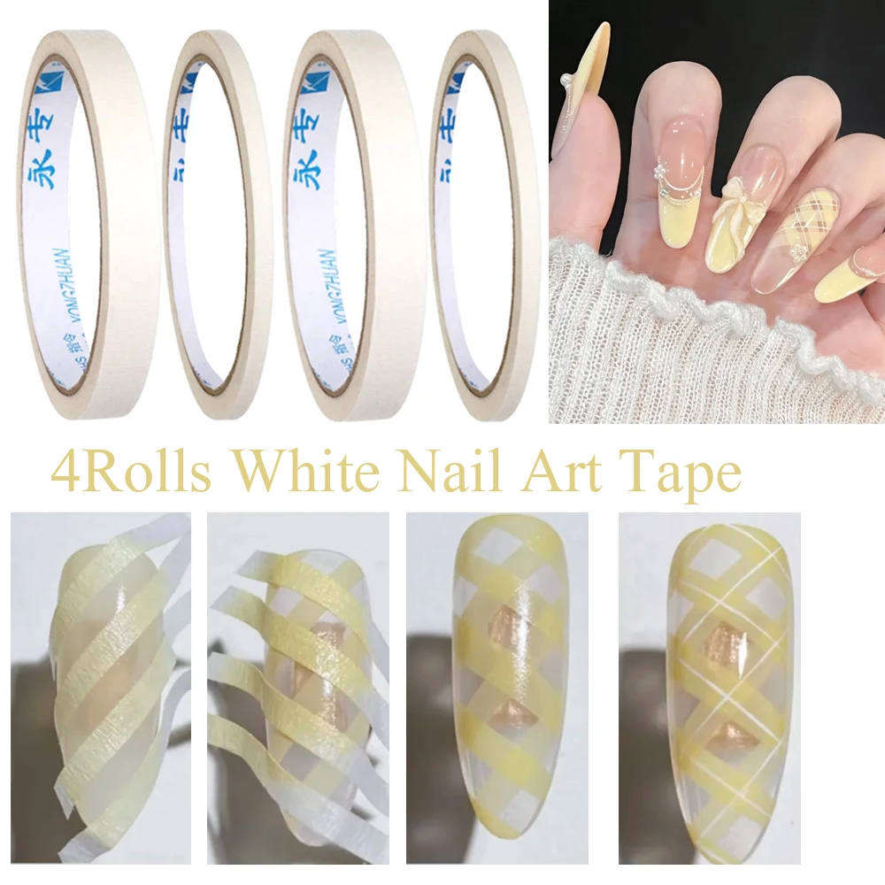 4 rouleaux/ensemble ruban blanc pour Nail Art, pour modèles à carreaux/français, conseils de manucure, rubans de masquage, largeur 5mm/12mm, autocollants, décoration des ongles