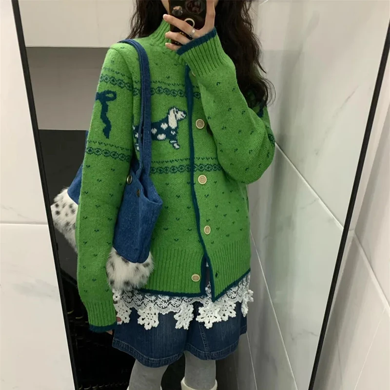 الأخضر خمر الجاكار سترة متماسكة المرأة الحلو Preppy كم طويل س الرقبة سترة الكورية فضفاضة عادية Harajuku زر القمم جديد