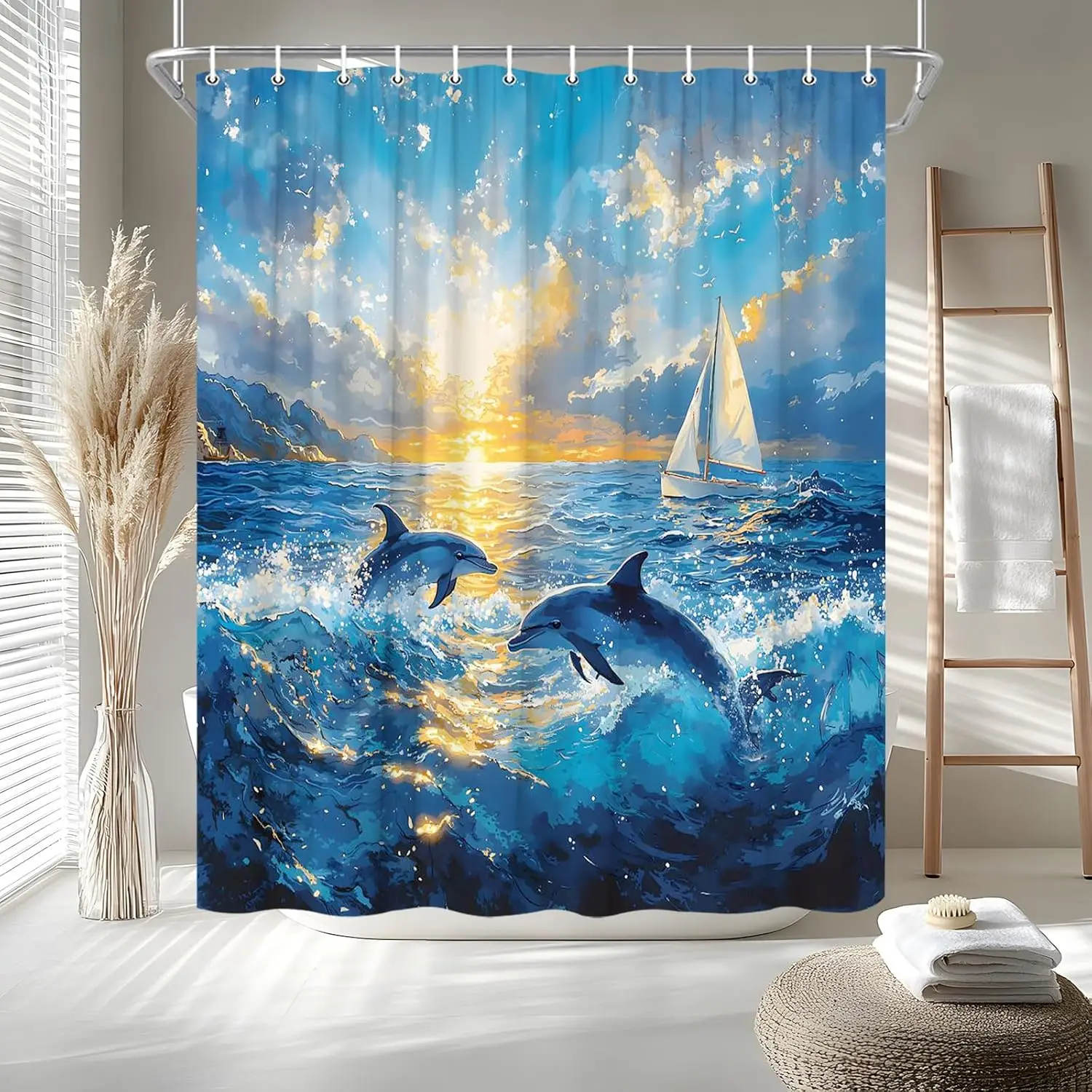 

Dolphin Shower Curtain Tropical Wildlife Sailboat Sunset Ocean Scenery Cute Animals Oil Painting Bath Curtain Fabric Bathroom